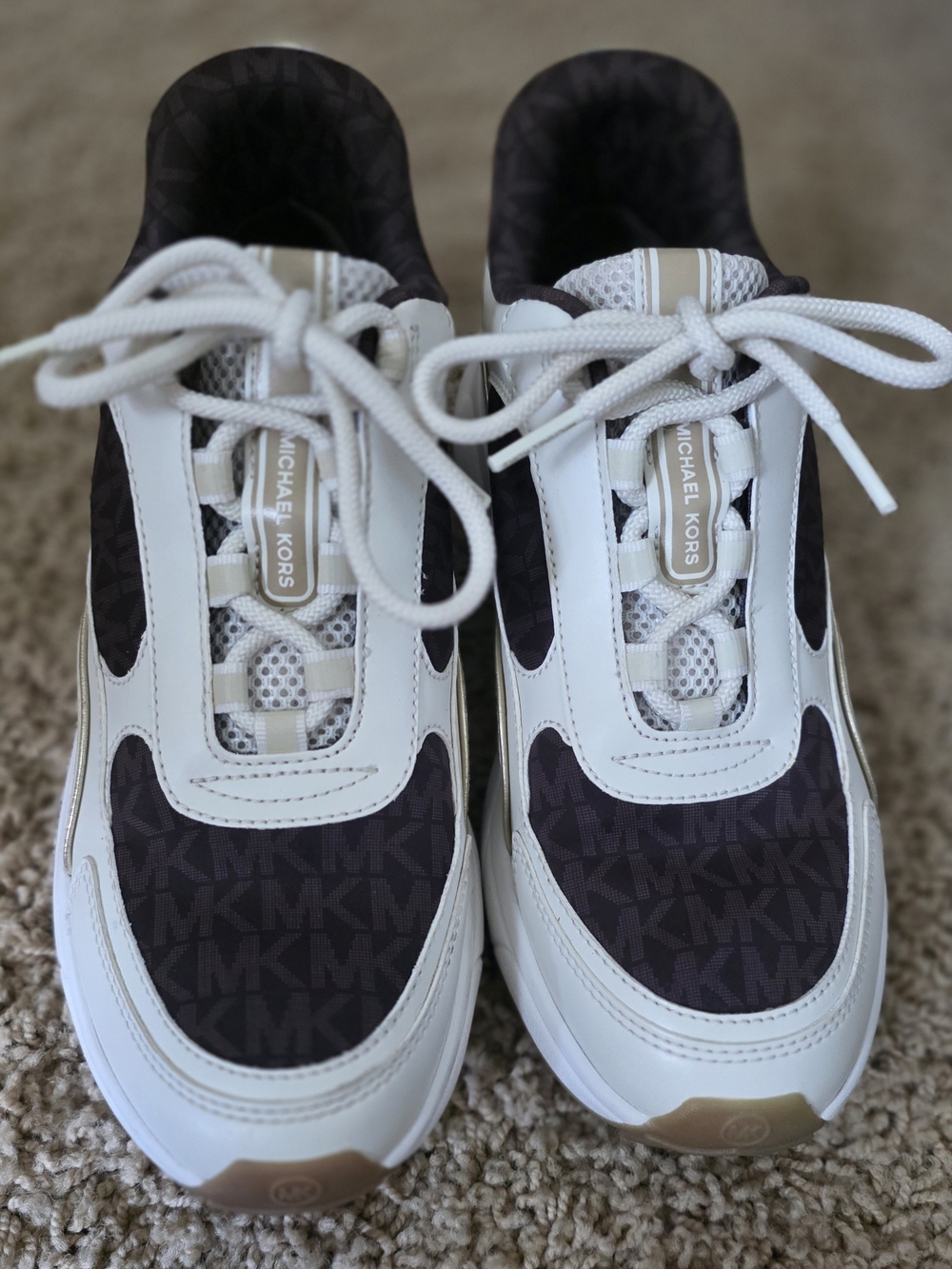 Michael Kors White and Brown MK Logo Lace-Up Sneakers